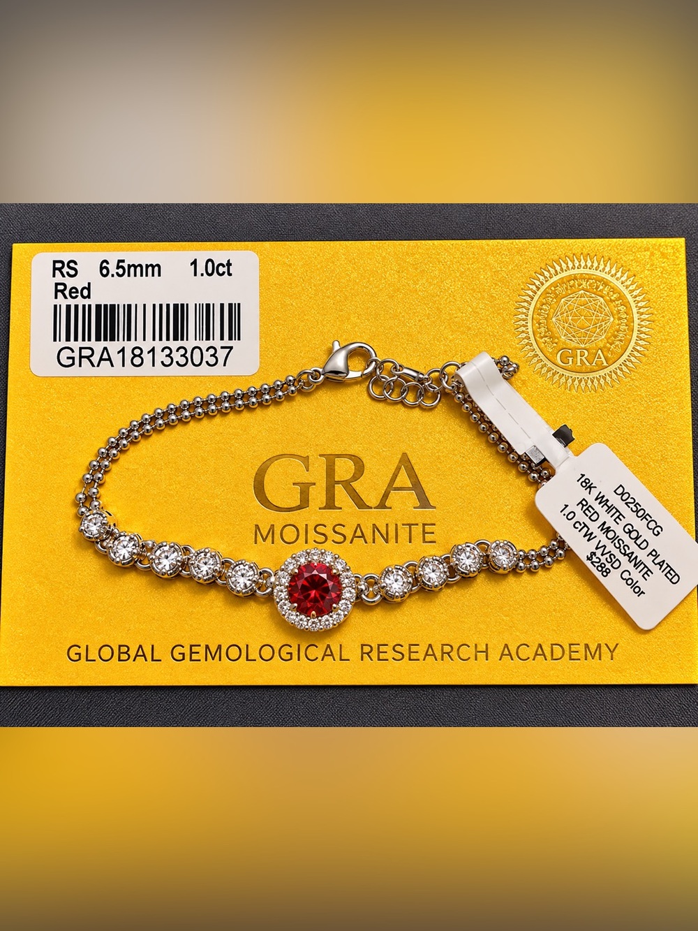 1 CT Red Moissanite Bracelet – 18K White Gold Plated – GRA Tag